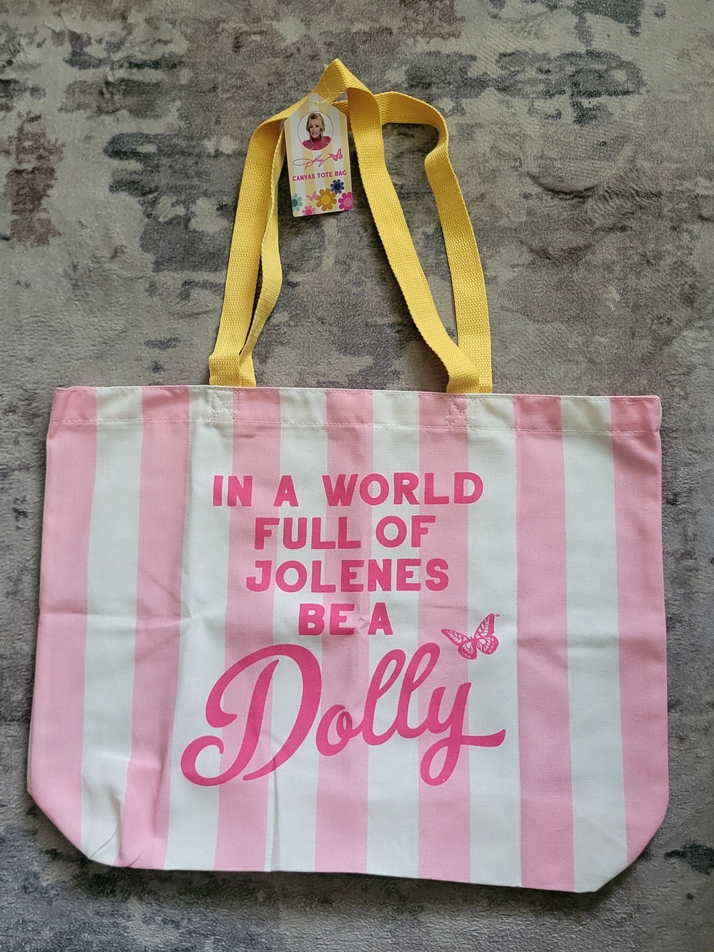 Dolly Pink & White Stripe Canvas Tote with Yellow Handles